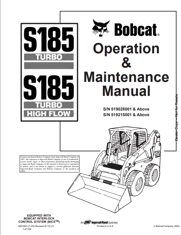BOBCAT S185 TURBO, S185 TURBO HIGH FLOW OPERATION AND MAINTENANCE MANUAL 6901831 PDF