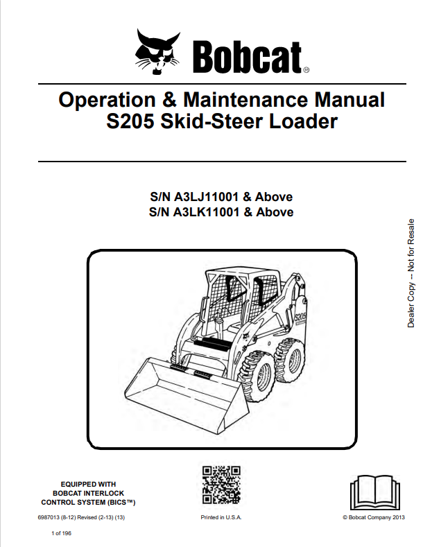 BOBCAT S205 SKID STEER LOADER OPERATION AND MAINTENANCE MANUAL 6987013 PDF