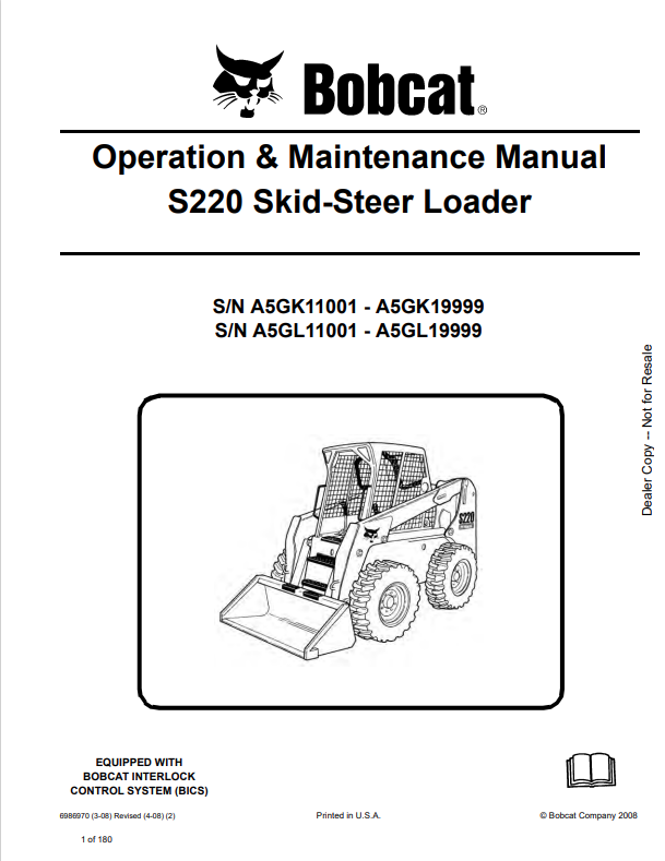 BOBCAT S220 SKID STEER LOADER OPERATION AND MAINTENANCE MANUAL 6986970 PDF