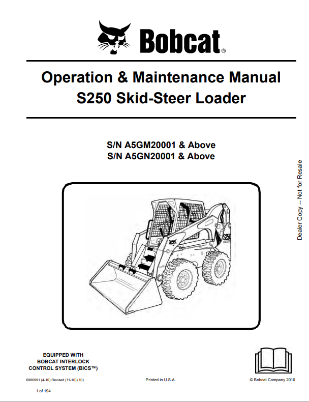 BOBCAT S250 SKID STEER LOADER OPERATION AND MAINTENANCE MANUAL 6986991 PDF