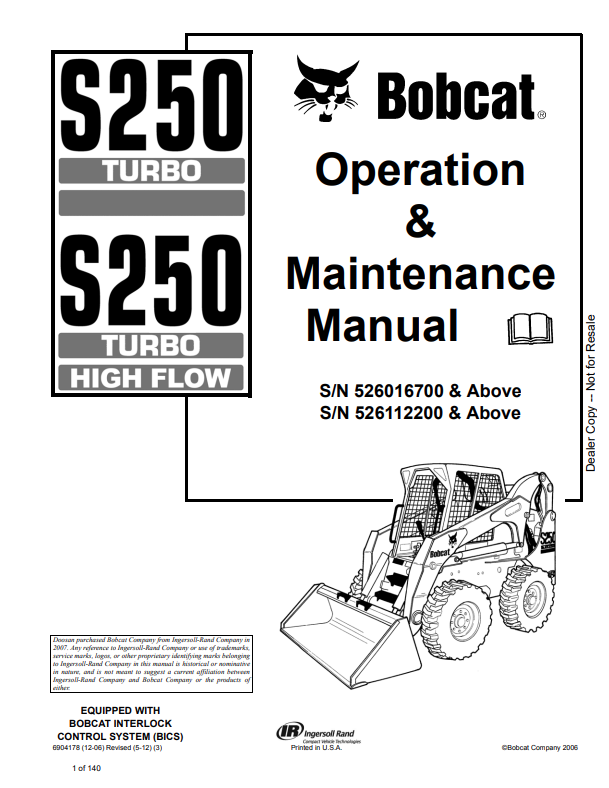 BOBCAT S250 TURBO, S250 TURBO HIGH FLOW OPERATION AND MAINTENANCE MANUAL 6904178 PDF