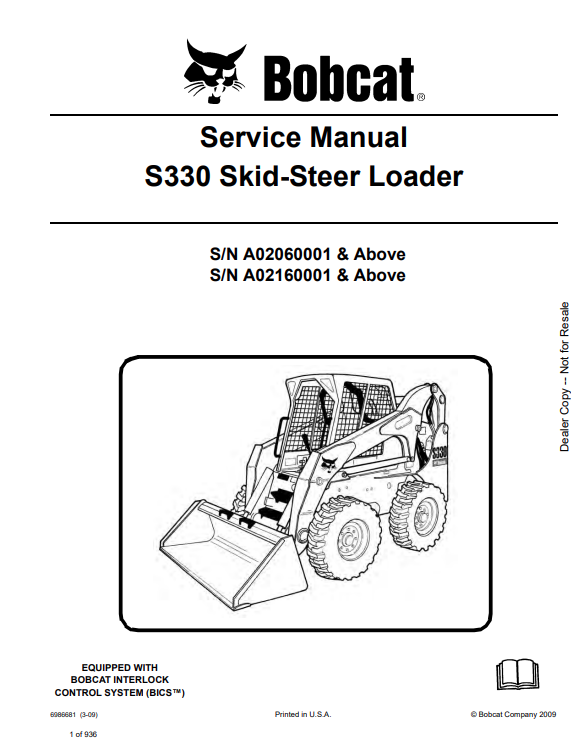 BOBCAT S330 SKID STEER LOADER SERVICE MANUAL 6986681 PDF