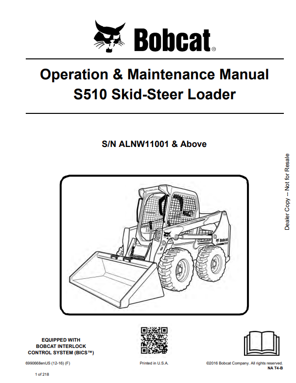 BOBCAT S510 SKID STEER LOADER OPERATION AND MAINTENANCE MANUAL 6990668 PDF
