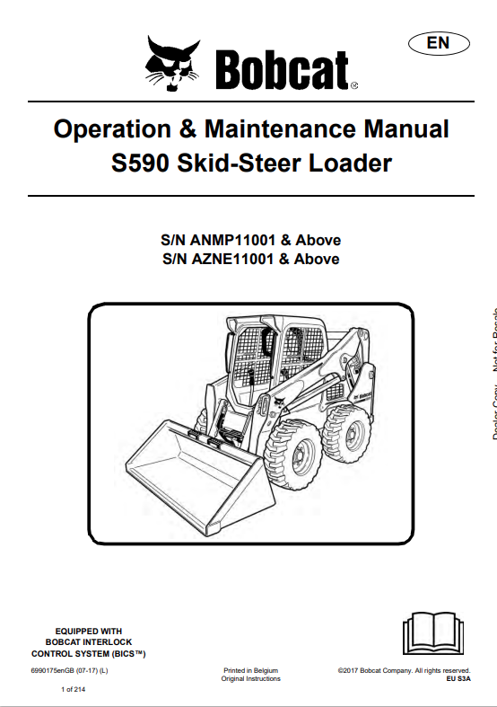 BOBCAT S590 SKID STEER LOADER OPERATION AND MAINTENANCE MANUAL 6990175 PDF