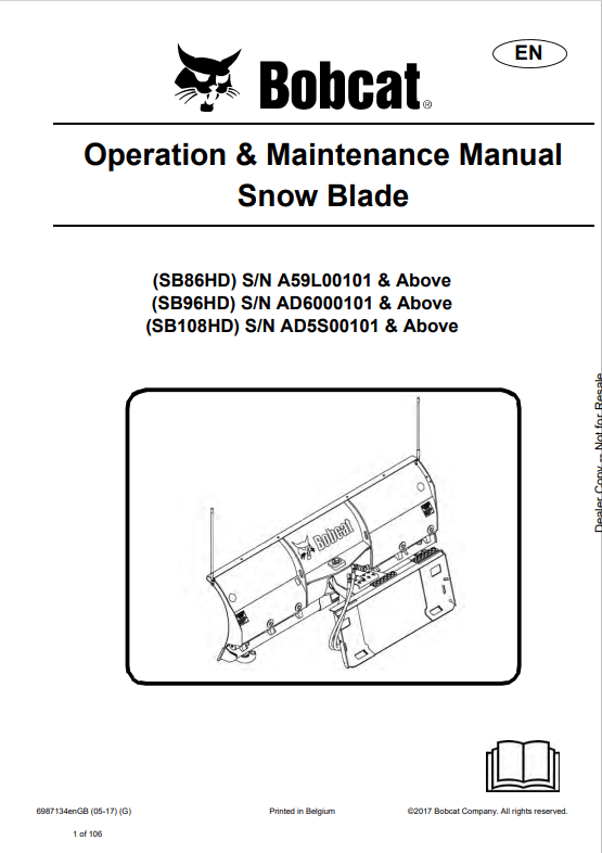 BOBCAT SB86HD, SB96HD, SB108HD SNOW BLADE OPERATION AND MAINTENANCE MANUAL 6987134 PDF