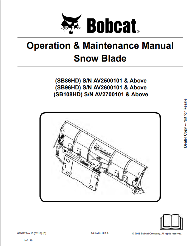 BOBCAT SB86HD, SB96HD, SB108HD SNOW BLADE OPERATION AND MAINTENANCE MANUAL 6990229 PDF