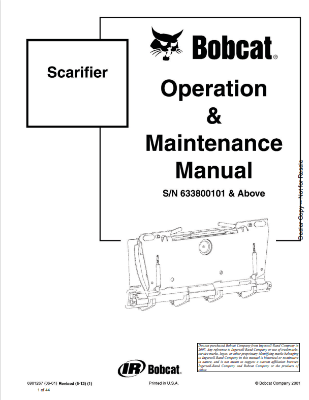BOBCAT SCARIFIER OPERATION AND MAINTENANCE MANUAL 6901267 PDF