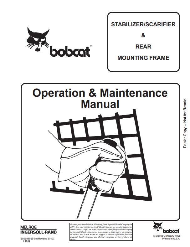 BOBCAT STABILIZER, SCARIFIER AND REAR MOUNTING FRAME OPERATION AND MAINTENANCE MANUAL 6566989 PDF