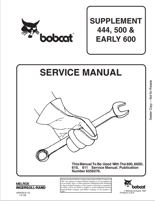 BOBCAT SUPPLEMENT 444, 500 AND EARLY 600 SERVICE MANUAL 6556520 PDF
