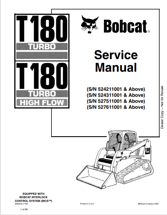 BOBCAT T180 TURBO, 180 TURBO HIGH FLOW COMPACT TRACK LOADER SERVICE MANUAL PDF