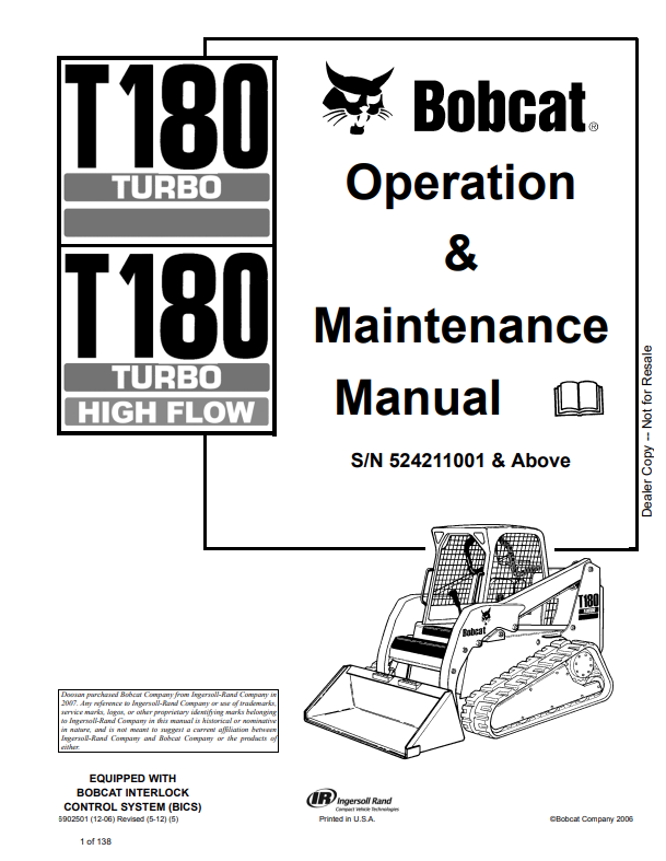 BOBCAT T180 TURBO, T180 TURBO HIGH FLOW COMPACT TRACK LOADER OPERATION AND MAINTENANCE MANUAL 6902501 PDF
