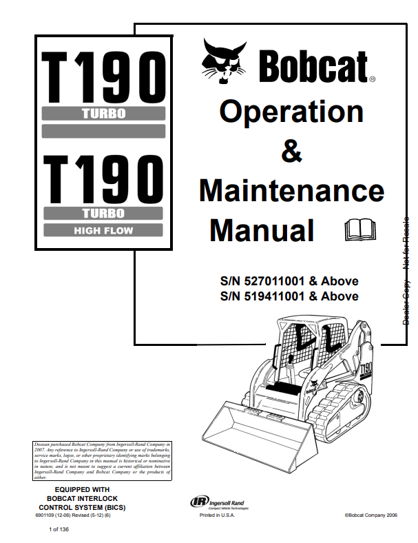 BOBCAT T190 TURBO , 190 TURBO HIGH FLOW COMPACT TRACK LOADER OPERATION AND MAINTENANCE MANUAL 6901109 PDF