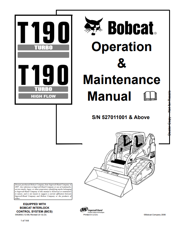 BOBCAT T190 TURBO , 190 TURBO HIGH FLOW COMPACT TRACK LOADER OPERATION AND MAINTENANCE MANUAL 6902692 PDF