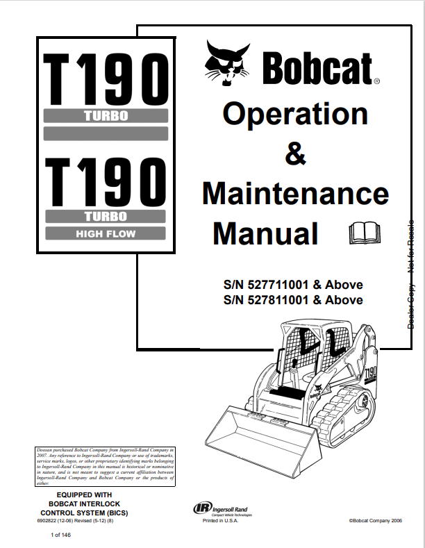 BOBCAT T190 TURBO, 190 TURBO HIGH FLOW COMPACT TRACK LOADER OPERATION AND MAINTENANCE MANUAL 6902822 PDF
