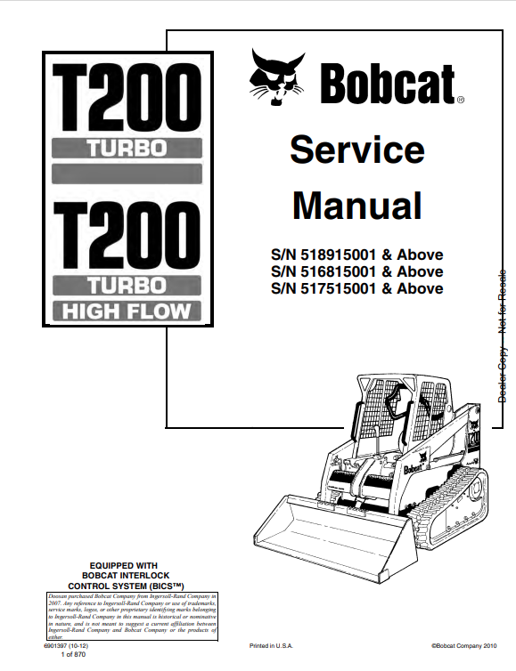 BOBCAT T200 TURBO, T200 TURBO HIGH FLOW COMPACT TRACK LOADER SERVICE MANUAL PDF