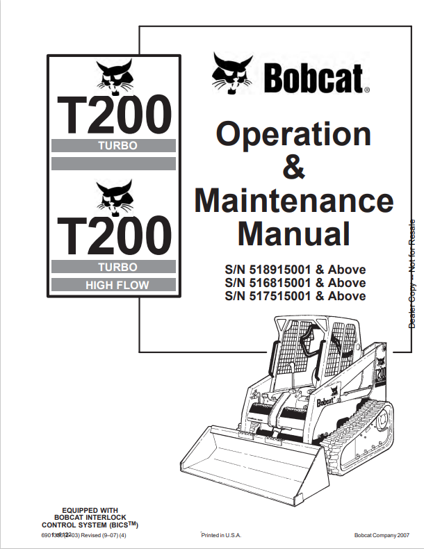 BOBCAT T200 TURBO, T200 TURBO HIGH FLOW OPERATION AND MAINTENANCE MANUAL 6901356 PDF