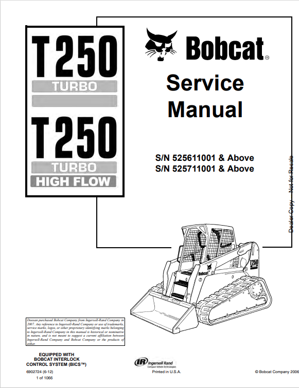 BOBCAT T250 TURBO, T250 TURBO HIGH FLOW COMPACT TRACK LOADER SERVICE MANUAL PDF