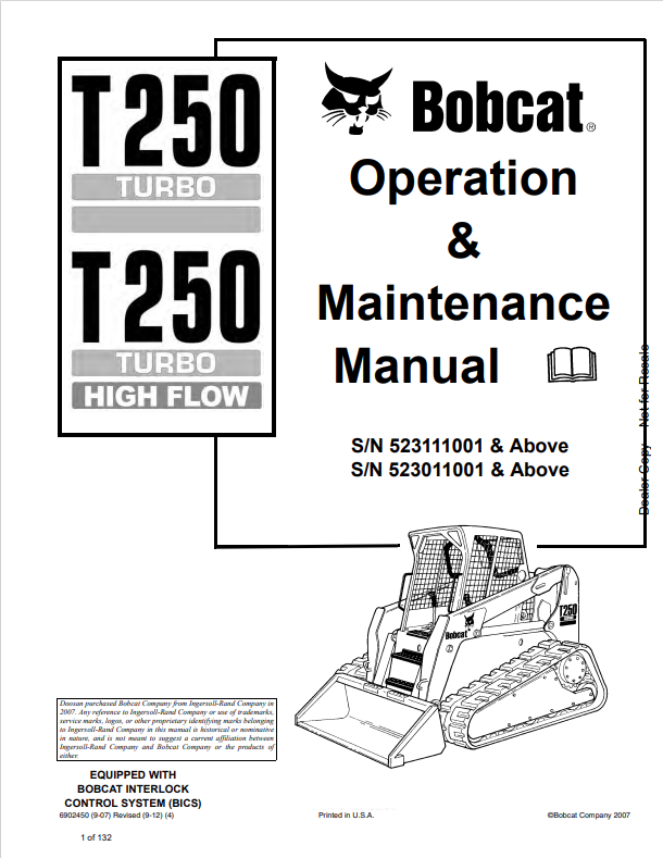 BOBCAT T250 TURBO, T250 TURBO HIGH FLOW OPERATION AND MAINTENANCE MANUAL 6902450 PDF