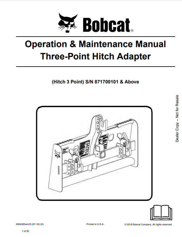 BOBCAT THREE-POINT HITCH ADAPTER OPERATION AND MAINTENANCE MANUAL 6904285 PDF
