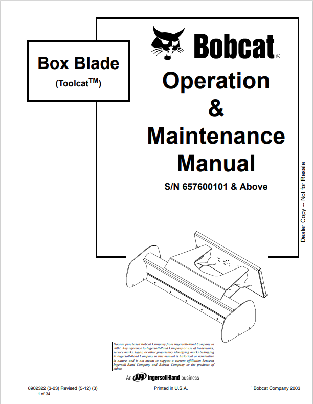 BOBCAT TOOLCAT BOX BLADE OPERATION AND MAINTENANCE MANUAL 6902322 PDF