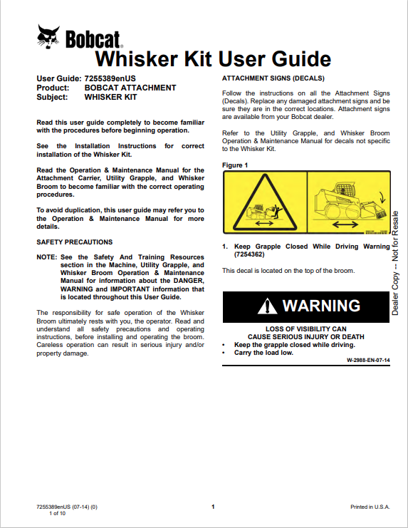 BOBCAT WHISKER KIT OPERATION AND MAINTENANCE MANUAL 7255389 PDF