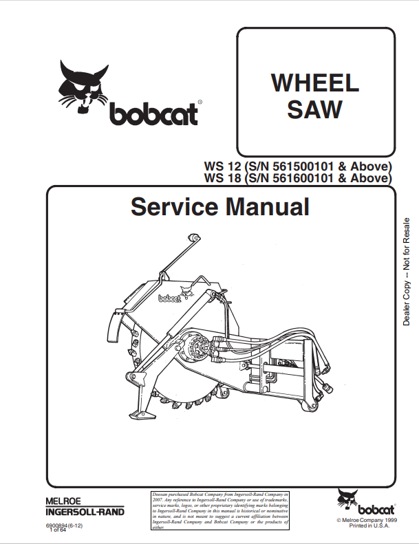BOBCAT WS 12, WS 18 WHEEL SAW SERVICE MANUAL 6900894 PDF