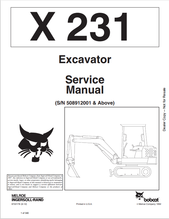 BOBCAT X231 EXCAVATOR SERVICE MANUAL 6722178 PDF