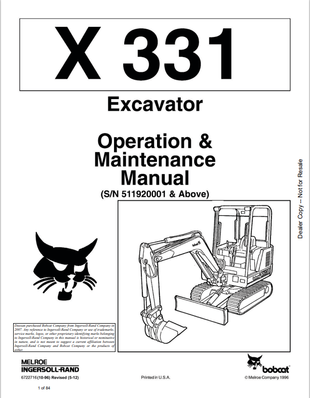 BOBCAT X331 EXCAVATOR OPERATION AND MAINTENANCE MANUAL 6986946 PDF