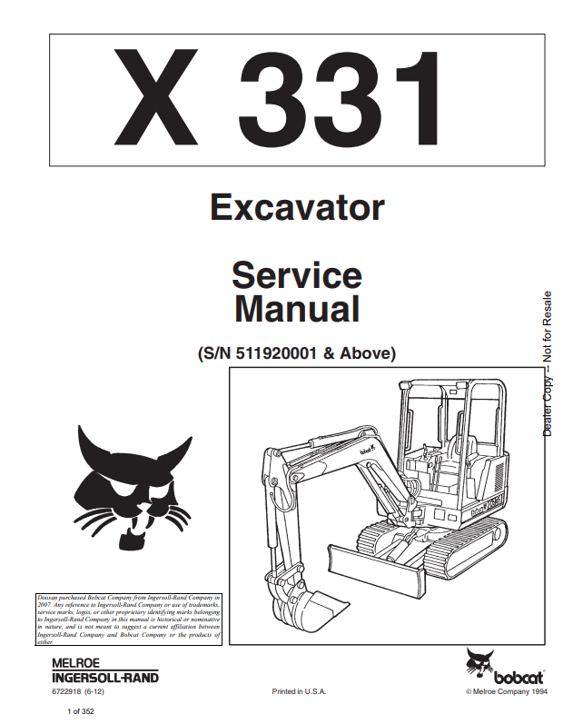 BOBCAT X331 EXCAVATOR SERVICE MANUAL 6722918 PDF