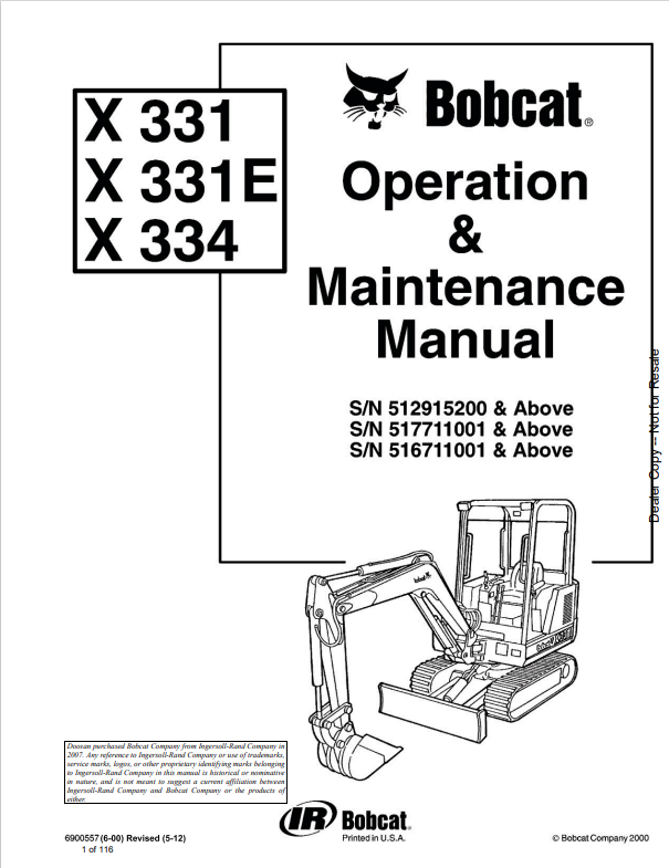 BOBCAT X331, X331E, X334 EXCAVATOR OPERATION AND MAINTENANCE MANUAL 6900557 PDF