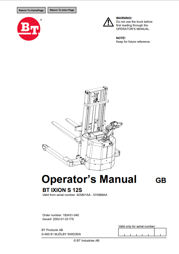 BT FORKLIFT BT IXION S 12S OPERATOR MANUAL PDF