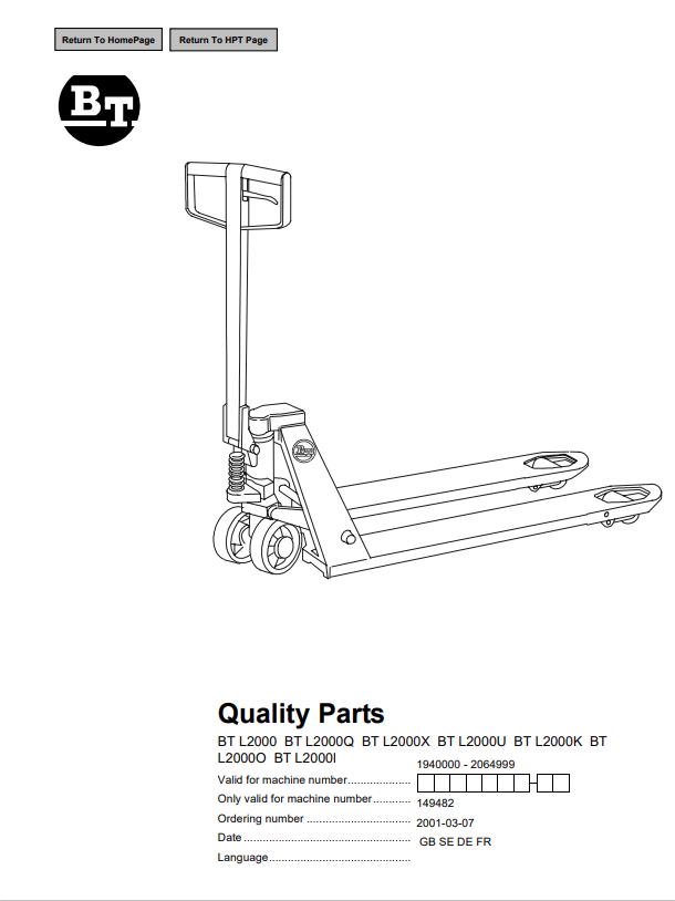 BT FORKLIFT BT L2000, BT L2000Q, BT L2000X, BT L2000U, BT L2000K, BT L2000O, BT L2000I QUALITY PARTS MANUAL PDF