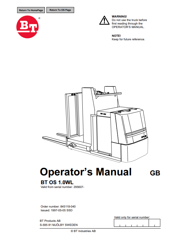 BT FORKLIFT BT OS 1.0WL OPERATOR MANUAL PDF