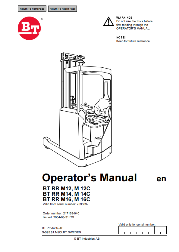 BT FORKLIFT BT RR M12, M12C BT RR M14, M 14C BT RR M16, M 16C OPERATOR MANUAL PDF
