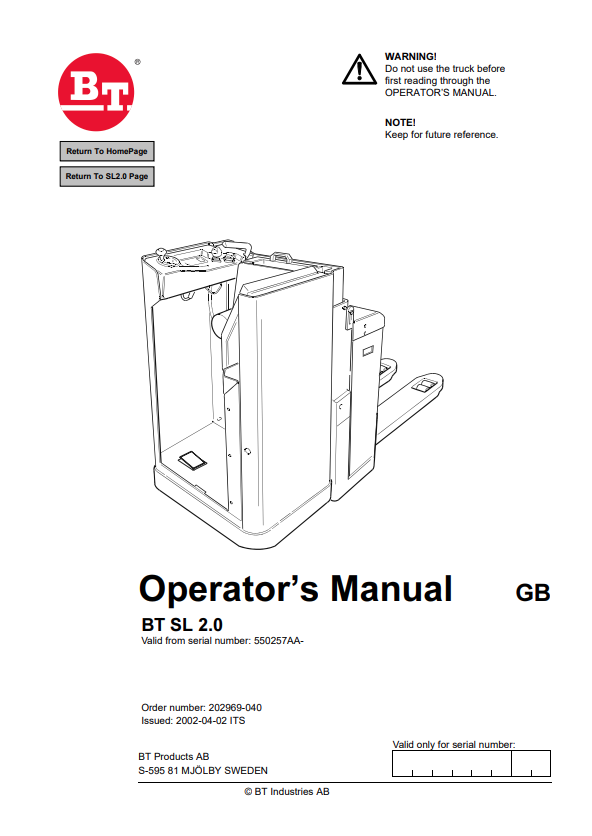 BT FORKLIFT BT SL 2.0 OPERATOR MANUAL PDF