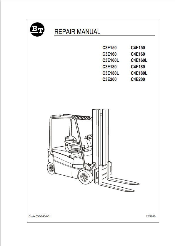 BT FORKLIFT C3E150, C3E160, C3E160L, C3E180, C3E180L, C3E200, C4E150, C4E160, C4E160L, C4E180, C4E180L, C4E200 REPAIR MANUAL PDF