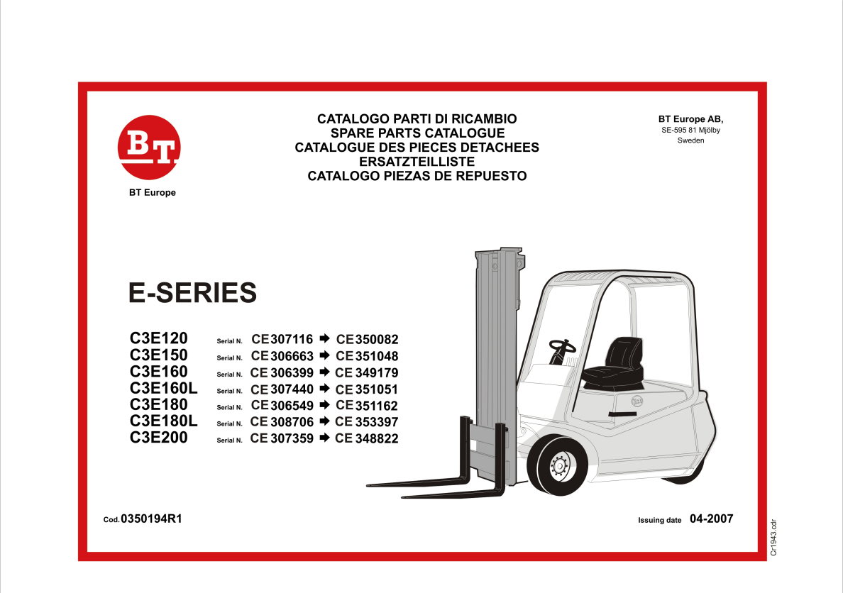 BT FORKLIFT E-SERIES C3E120, C3E150, C3E160, C3E160L, C3E180, C3E180L, C3E200 SPARE PARTS CATALOGUE MANUAL PDF