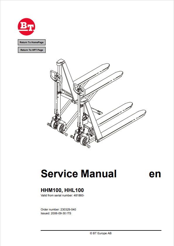 BT FORKLIFT HHM100, HHL100 SERVICE MANUAL PDF