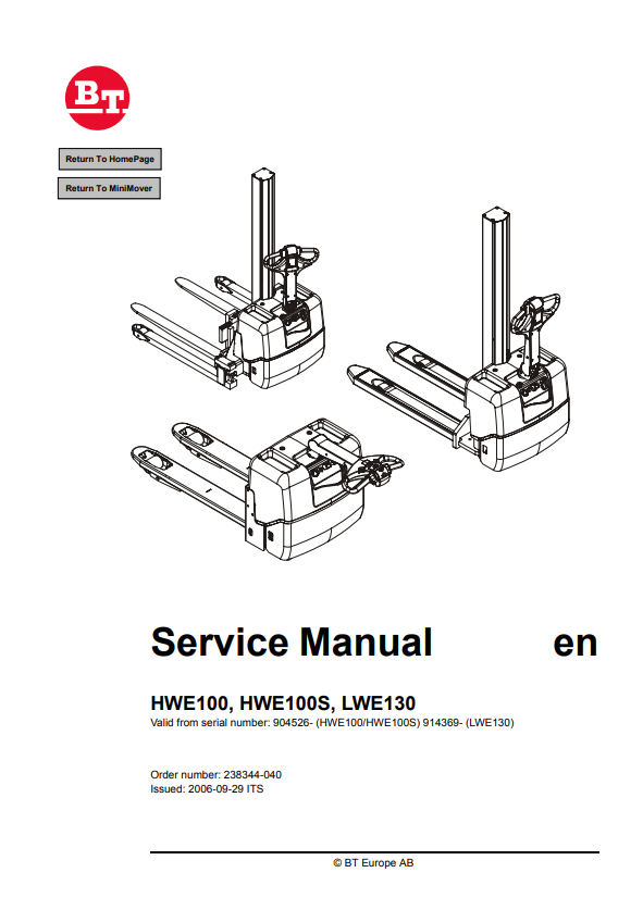 BT FORKLIFT HWE100, HWE100S, LWE130 SERVICE MANUAL PDF