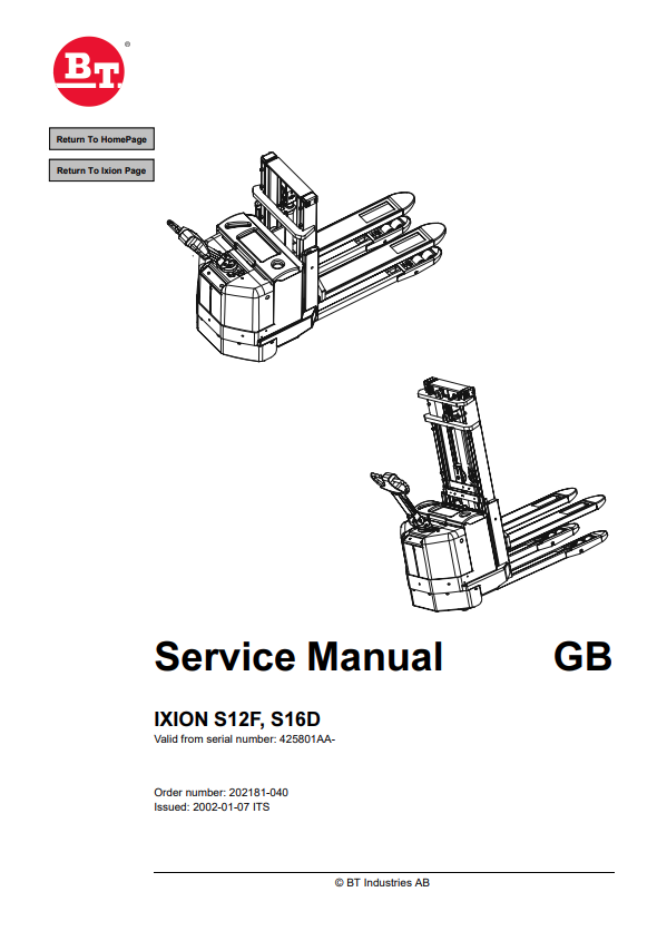 BT FORKLIFT IXION S12F, S16D SERVICE MANUAL PDF