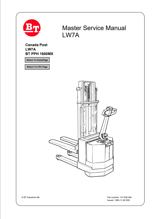 BT FORKLIFT LW7A BT PPH 1600MX SERVICE MANUAL PDF
