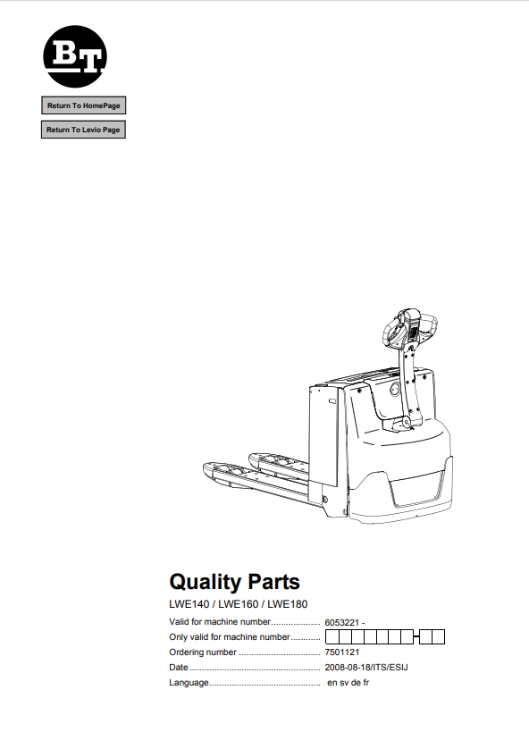 BT FORKLIFT LWE140, LWE160, LWE180 QUALITY PARTS MANUAL PDF