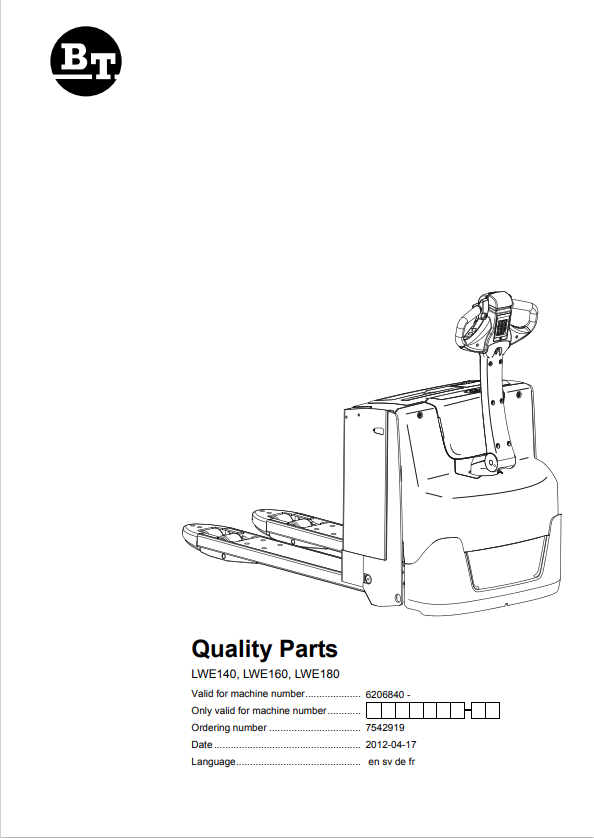 BT FORKLIFT LWE140, LWE160, LWE180 QUALITY PARTS MANUAL PDF