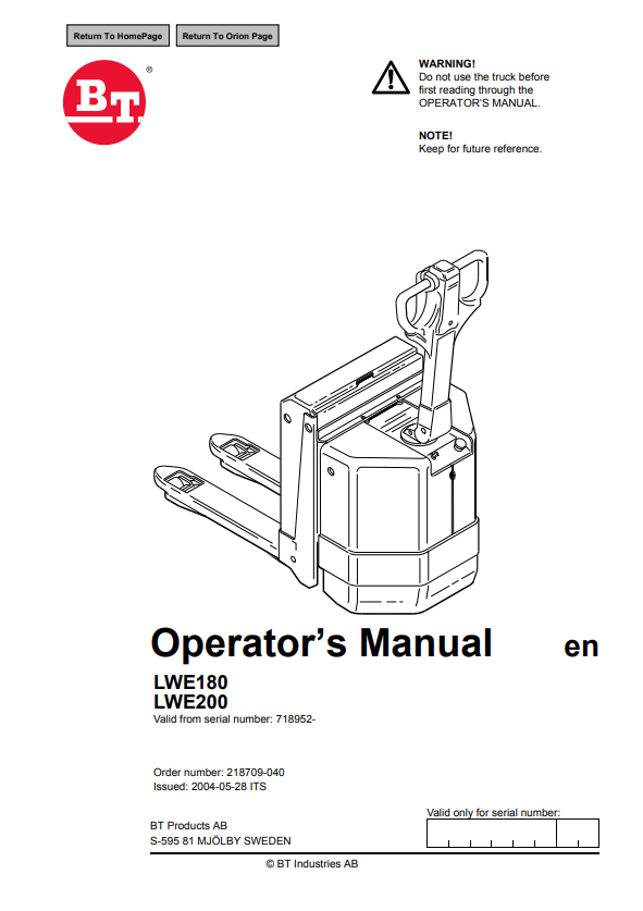 BT FORKLIFT LWE180, LWE200 OPERATOR MANUAL PDF