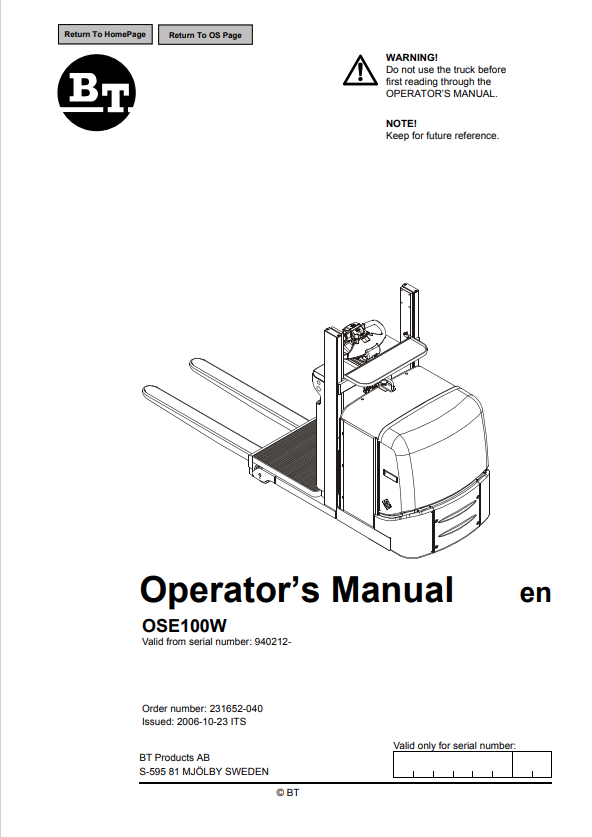 BT FORKLIFT OSE100W OPERATOR MANUAL PDF
