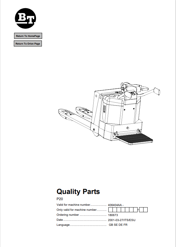 BT FORKLIFT P20 QUALITY PARTS MANUAL PDF