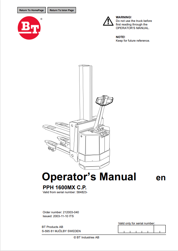 BT FORKLIFT PPH 1600MX C.P. OPERATOR MANUAL PDF