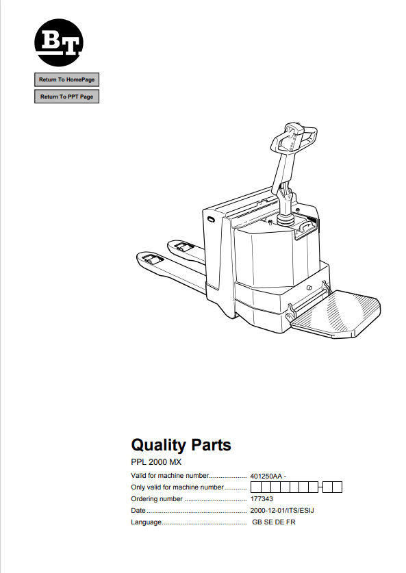 BT FORKLIFT PPL 2000 MX QUALITY PARTS MANUAL PDF