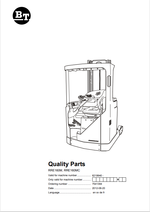 BT FORKLIFT RRE160M, RRE160MC QUALITY PARTS MANUAL PDF