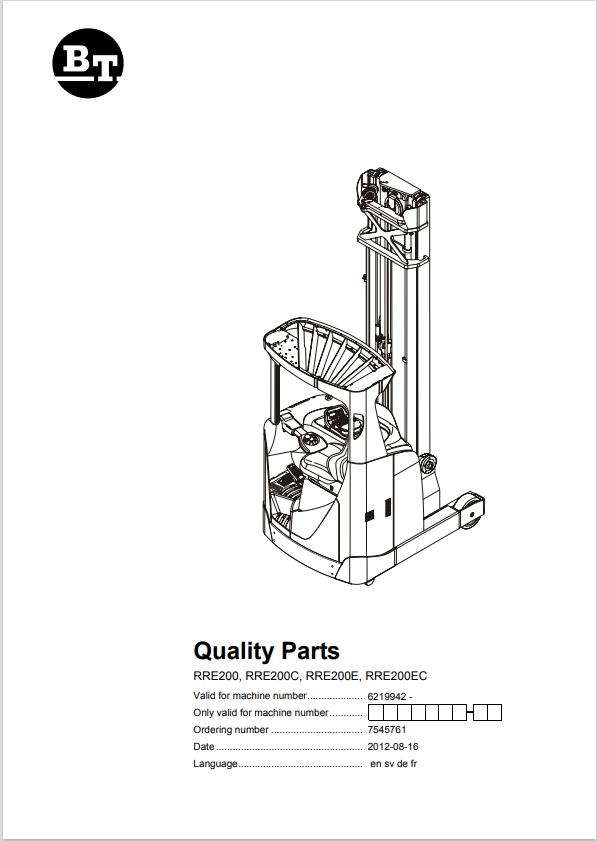 BT FORKLIFT RRE200, RRE200C, RRE200E, RRE200EC PARTS MANUAL PDF